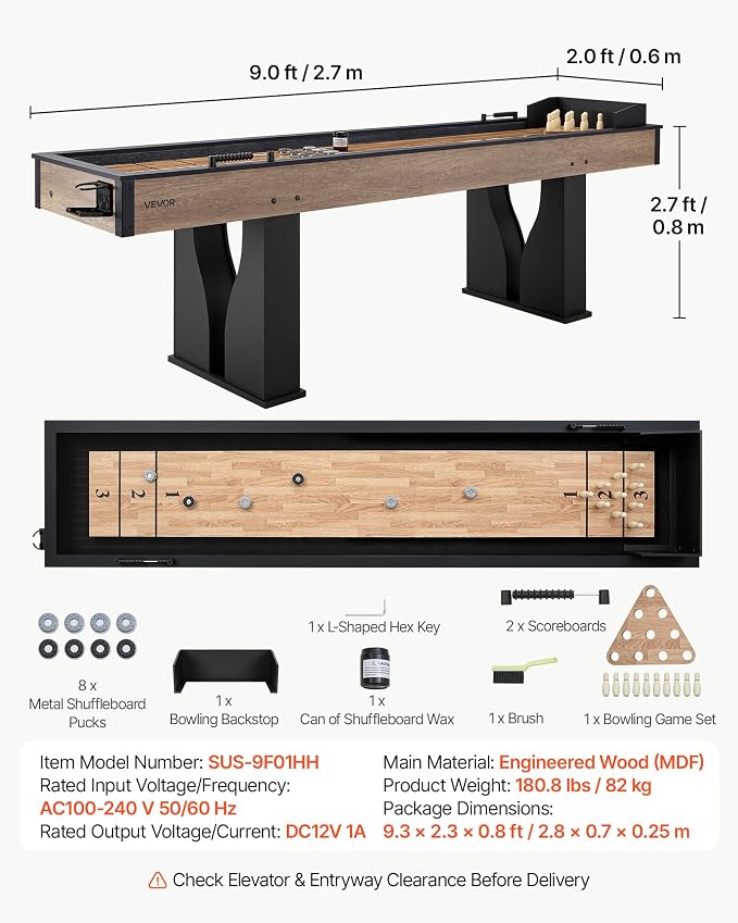 VEVOR 7ft 9ft 12ft Shuffleboard Table 2 in 1 Shuffleboard and Bowling Combo Set, Shuffle Board with Scratch-Resistant Playfield, Pucks, Bowling Set, Wax, Brush for Family Game Rooms