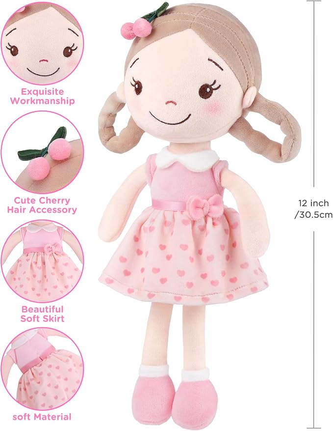 GAGAKU Cherry Girl Soft Plush Baby Doll for Girls (12") | My First Baby Doll Gift, Machine Washable, Rag Doll Toy, For Toddlers & Infants