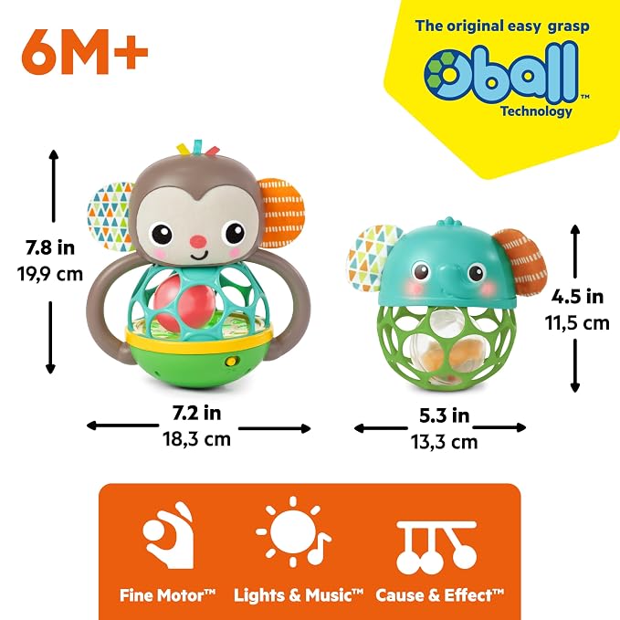 Bright Starts Giggle & Rattle Gift Set - Musical & Sensory Baby Toys 2-Pack, Elephant & Monkey, Unisex, Newborn+