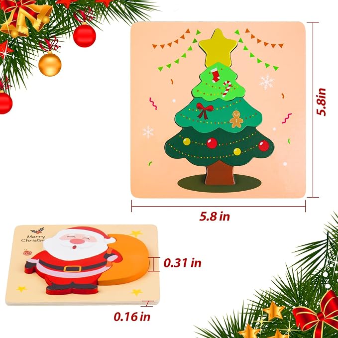 Christmas Wooden Puzzles for Toddlers, Baby Jigsaw Puzzles for 1 2 3 Years-Old Boys and Girls, Set of 4 Montessori Toys with Large Pieces Safe for Kids