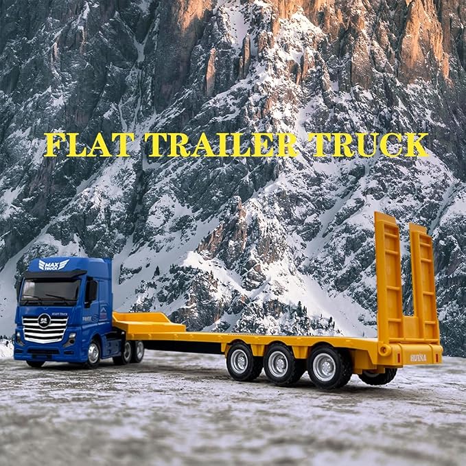 Flattrailer Heavy Duty Semi Trailer Tractor Truck w/ Excavator - Metal Construction Vehicle Toy for Kids