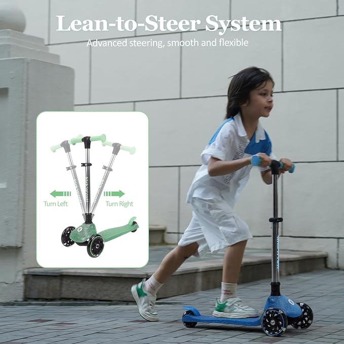 Kicknroll Kids Scooter Light Up 3 Wheel Toddler Kick Scooters with Jelly Glitter Anti-Slip Deck and LED Wheels, 4 Adjustable Heights, Foldable, Lean-to-Steer Design for Girls & Boys 3-12 Max 110 Lbs