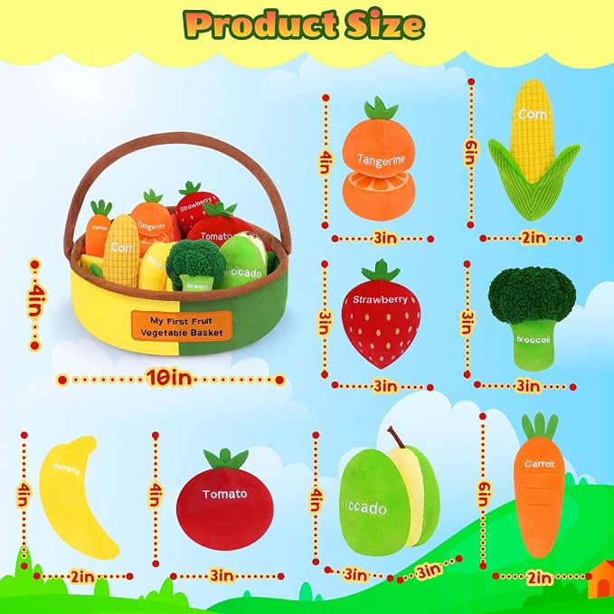 My First Fruit Vegetable Basket Plush, Baby Felt Play Food Set with 8 Pcs Fruit Vegetable Plushies for Toddlers, Montessori Sensory Toy First Learning Baby Birthday Easter Gifts for Boys Girls