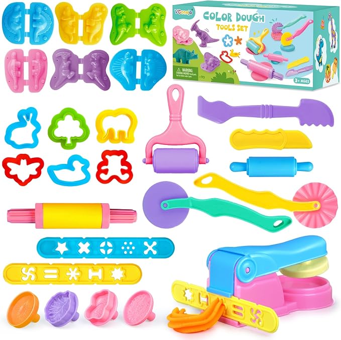 Dough Tools Set for Kids, 26pcs Dough and Clay Accessories with Stamps, Animal Cutters, Rollers, Extruder, Dinosaur Play Molds, Educational Toys for Boys Girls