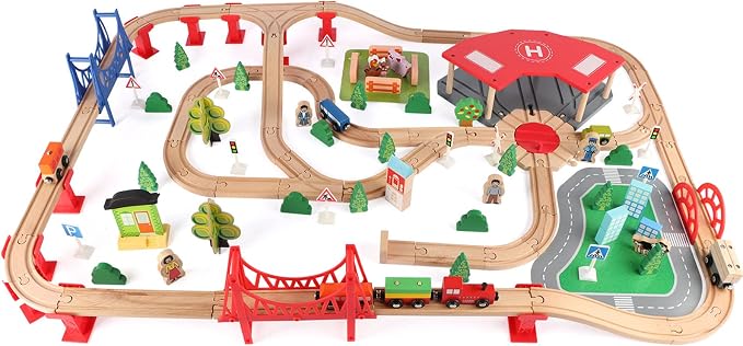 Qilay 140 Pcs Wooden Train Set, Delux Toddler Train Set Railway Kits for Kids, Premium Wood Friendly Building Construction City Train Tracks Toy for 3,4,5 Year Old Boys and Girls