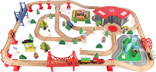 Qilay 140 Pcs Wooden Train Set, Delux Toddler Train Set Railway Kits for Kids, Premium Wood Friendly Building Construction City Train Tracks Toy for 3,4,5 Year Old Boys and Girls