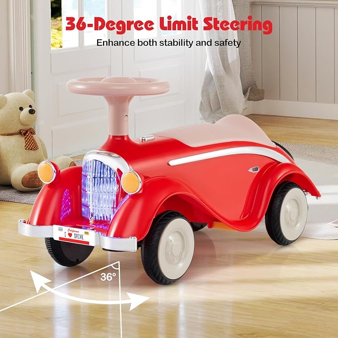 Costzon Toddler Ride On Toy, Classic Foot to Floor Sliding Car w/Steering Wheel, Horn, Headlights & Under Seat Storage, Kids Push Ride-Ons, Retro Baby Ride On Toys for Boys Girls 19-36 Months (Red)
