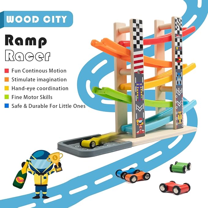 WOOD CITY Wooden Car Ramp Racer Toy Vehicle Set with 5 Mini Cars & Race Tracks, Toddler Toys Montessori Cars Toys Birthday Gift for Kids Boys and Girls