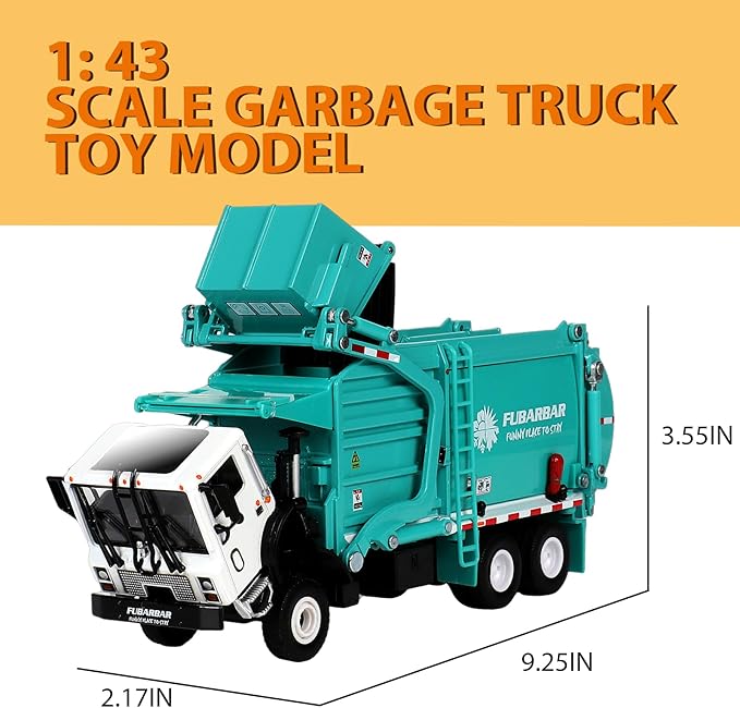 FUBARBAR Truck Toy Model – 1:43 Diecast Metal Garbage Recycling Waste Transport Truck with Trash Bin, Pull Back Model Car Toy for Kids 4-6 Age Boys Birthday Gift (Blue)