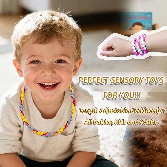Teething Necklace for Baby Toddler, Chew Necklaces for Sensory Kids Boys Girls - 2 PCS Silicone Chewy Necklace Sensory Chew Toys for Children Adults with Autism, ADHD, Oral Motor Stimulation