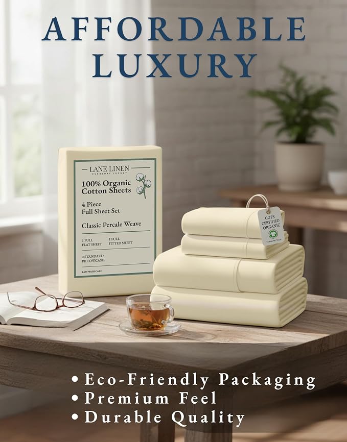 LANE LINEN Full Size Bed Sheet Set 100% Organic Cotton Soft 4pc - Natural | Full Sheets In Pure Long-Staple Organic Cotton - Breathable For Year-Round Sleep, Best-Value Organic Cotton, For Hot Sleepers