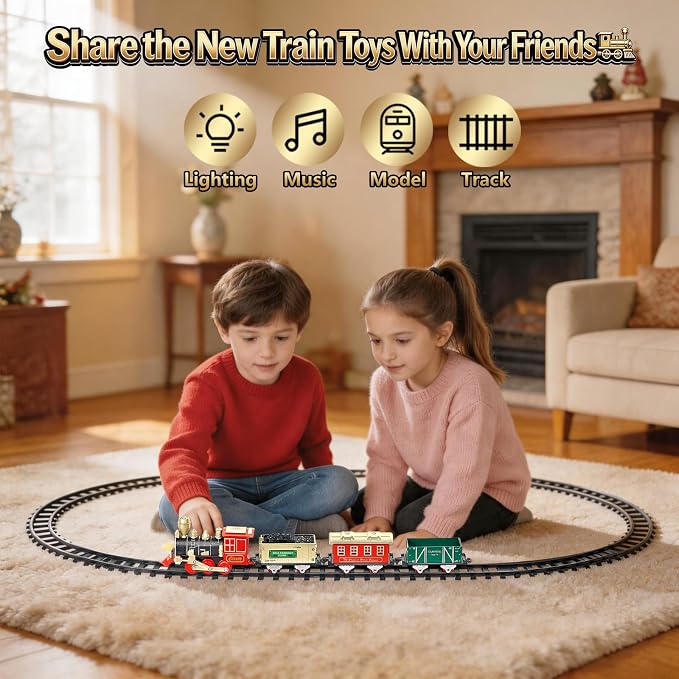 Classic Electric Train Set for Toddlers 3-8 – Battery Operated Push-Button Train with Lights & Sounds, No Remote, Ready-to-Play Locomotive + Snap Tracks
