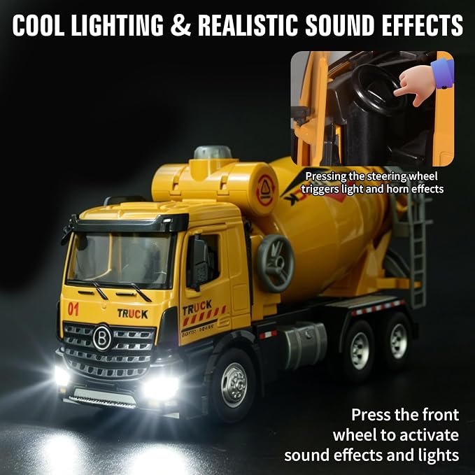 Cement Mixer Toy Truck Diecast Metal Cab Construction Truck Toys for Kids Boys and Girls Pull Back Cement Mixer with Lights and Sounds Construction Trucks for Toddlers 3-5