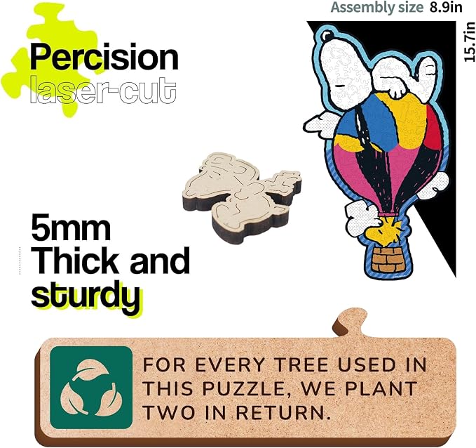 Peanuts Puzzles for Adults – Wooden Puzzles Gifts for Snoopy Lovers, 200 Pieces Unique Shaped Woodstock Jigsaw Puzzles, 5MM Thick, Officially Licensed Merchandise – Balloon Ride, 8.9" x 15.7"
