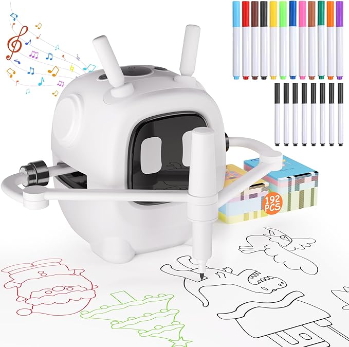 Drawing Robot for Kids with 192 Cards, Smart Robot Drawing Machine Toys for 3+ Year Old Boys and Girls, Interactive Painting Learning and Educational Toy Perfect for Birthday Chirstmas Party, White