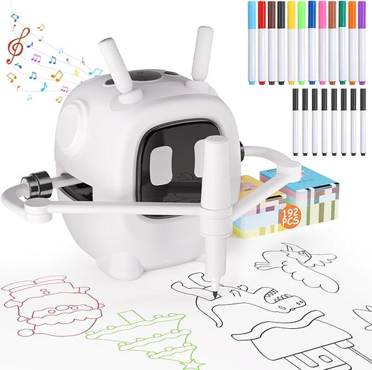 Drawing Robot for Kids with 192 Cards, Smart Robot Drawing Machine Toys for 3+ Year Old Boys and Girls, Interactive Painting Learning and Educational Toy Perfect for Birthday Chirstmas Party, White