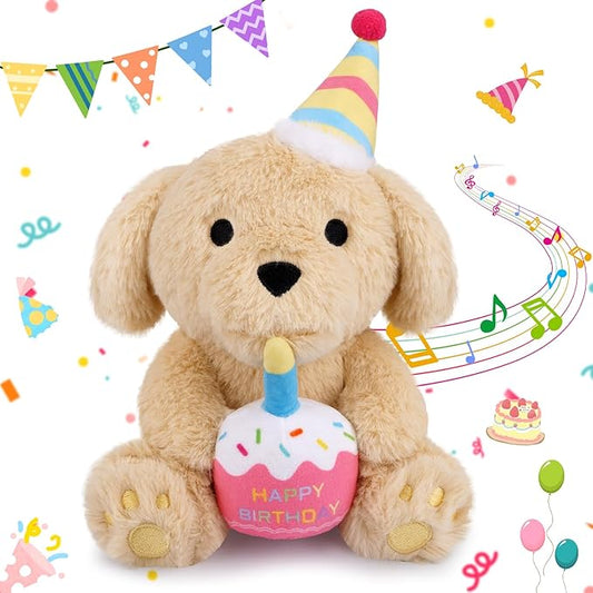 Birthday Sit Dog Plush Toy- Happy Birthday Singing & Glow Stuffed Animal, Musical Dancing Soft Puppy Stuffed Animal with Light-Up Cake, Singing Toy Party Doll Decor Gift for Girls Kids Boys