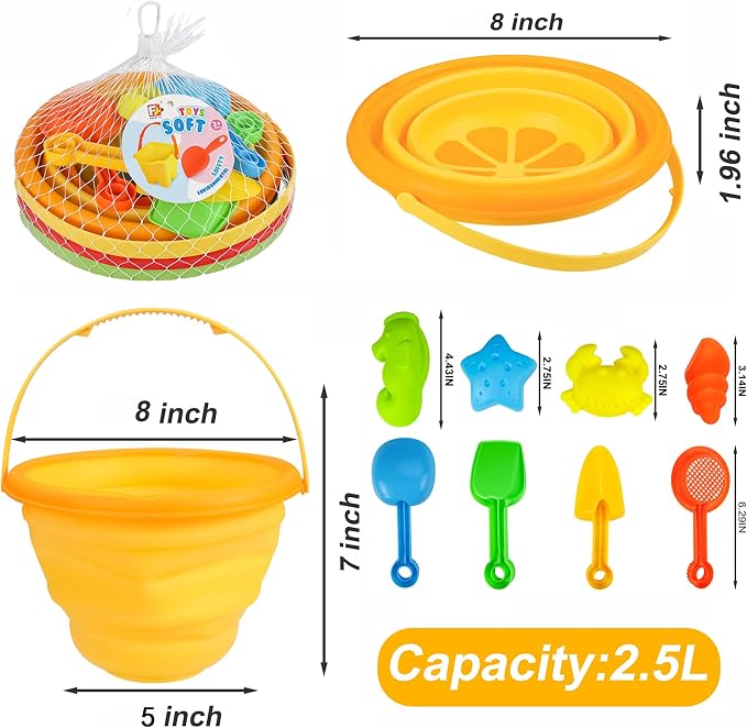 Beach Sand Toys Set for Kids, Silicone Collapsible Foldable Beach Bucket Travel Beach Toys for Summer Outdoor Camping and Fishing Tub with Sand Molds Shovels Rakes for Toddlers Boys Girls 2.5L 3PCS