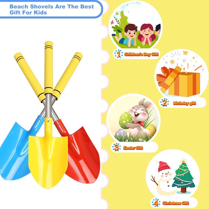 Beach Shovels Long Handle for Kids,3PC 24Inch Beach Sand Shovels Toys for Digging Heavy Duty Stainless Steels with Yellow Soft Spone Sturdy Scoop Seaside Kids Tool Lightweight Gift Set