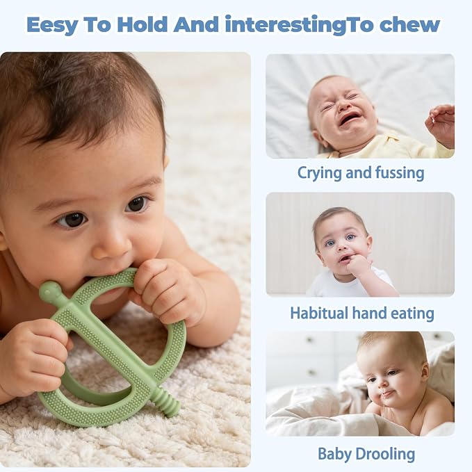 3 Pack Baby Teething Toys, Anti Dropping Wrist Hand Teethers & Easy-Grip Teether Ring, Food-Grade Silicone for Teething Relief, Newborn Essentials Chew Toys 0-12 Months（Blue&Pink&Green）