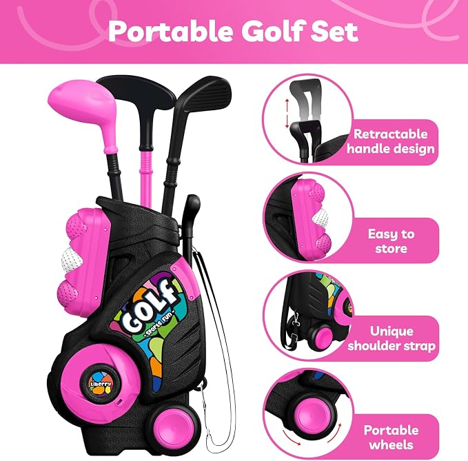 Liberry Toddler Golf Set for Girls Boys 2 3 4 Years Old, Upgraded Kids Golf Cart with Shoulder Strap Design, Outdoor Indoor Sports Toys Birthday Gifts, Black & Pink