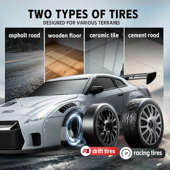 RC Drift Car, 1:24 Scale Remote Control Vehicle with LED Lights, 2.4GHz 20KM/H 4WD High Speed RC Cars, Drifting Tires＆Two Batteries, Racing Sports Toy Idea Gift for Adults Boys Girls and Kids