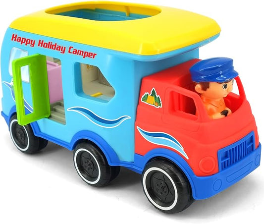 Kiddieland Happy Camper Motorized Toy RV with Lights & Sounds, Auto-Stop Action, Engine Revs & Horn, Interactive Buttons & Light-Up TV, for Toddlers Ages 1+