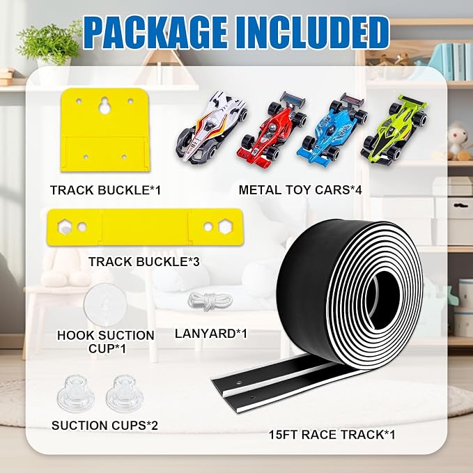 Flexible Race Track Toys for Kids, 15 Ft Double Lane Racetrack with 4 Cars & Suction Cups, Compatible with Hot Wheels & 1/64 Diecast Cars, Portable Roll Up Car Ramp Track Set for Ages 3+(White&Black)