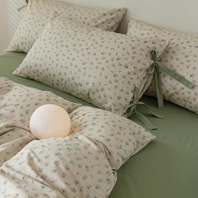 LifeTB Full Comforter Set Vintage Green Floral Bedding Comforter Boho Flower Cottagecore Comforter with 2 Bow Ties Pillowcases Fluffy Lightweight Bedding Farmhouse Botanical Comforter Set