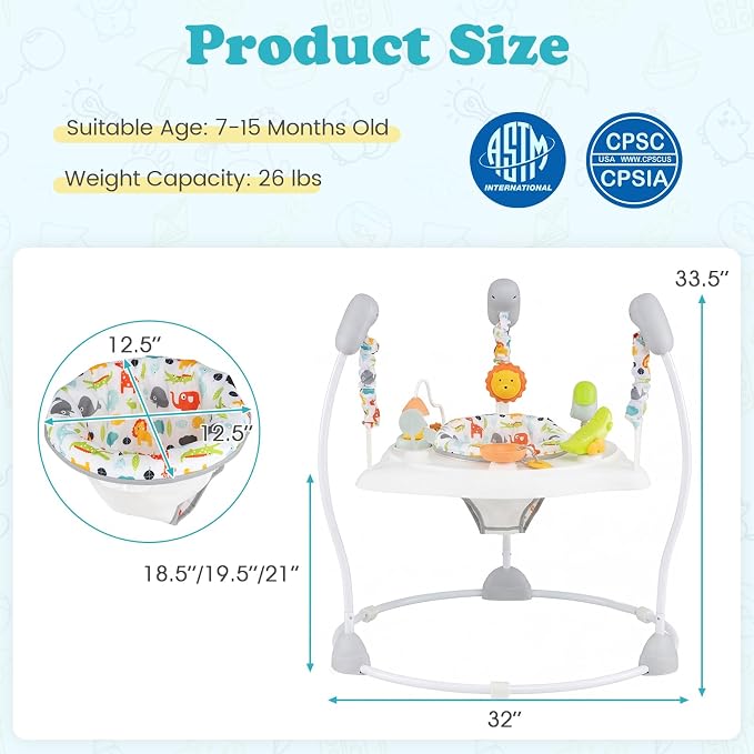 BABY JOY Baby Activity Center, Baby Jumpers and Bouncers with Music, 360° Rotating Seat, 3 Adjustable Heights, Montessori-Inspired Activity Center for Baby 7-15 Months (White)