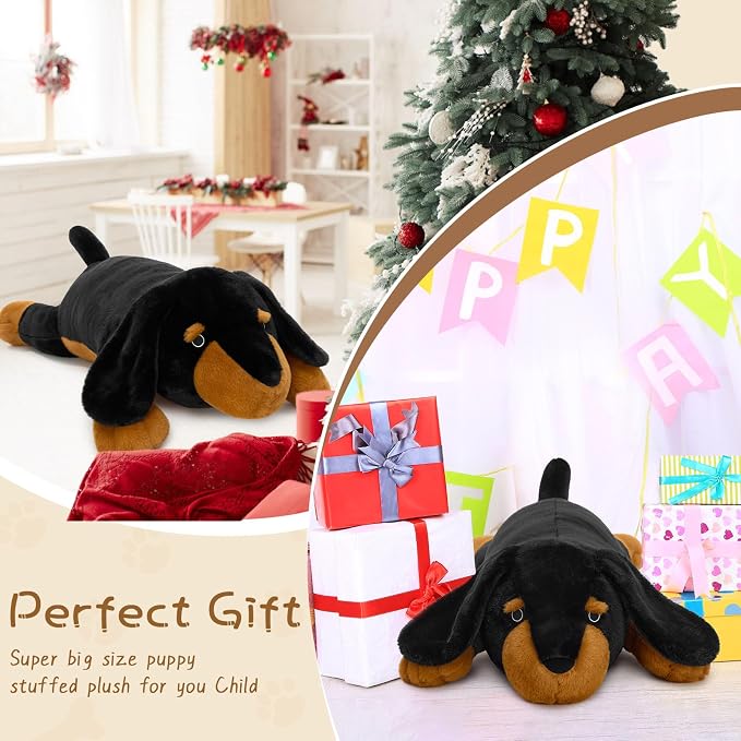 MorisMos Black Dachshund Stuffed Animal Body Pillow, 39-Inch Long Plush Weiner Dog Pillow for Dog Lovers, Soft Embroidered Lazy Eyes Sausage Dog Cuddle Pillow for Couch & Bed
