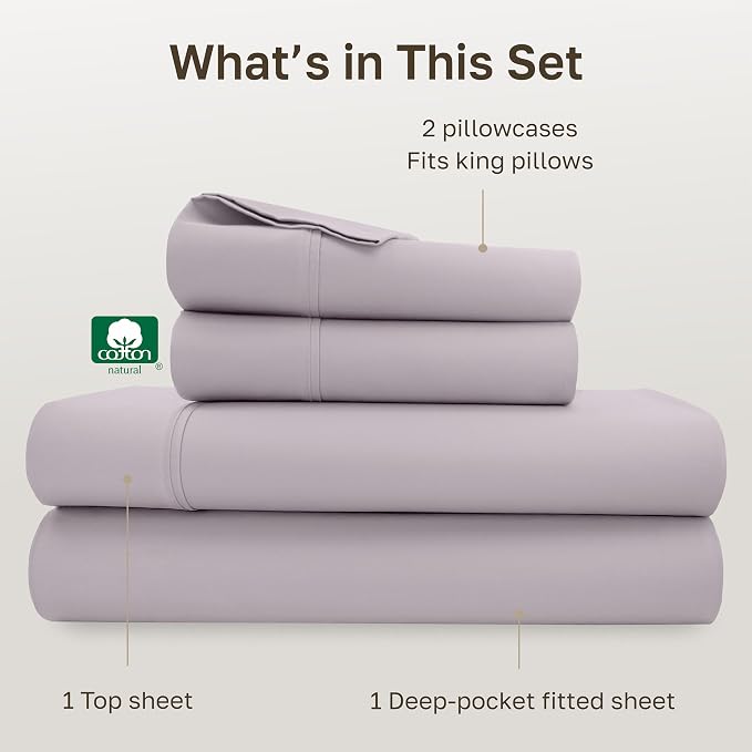 California Design Den Soft King Size 100% Cotton Sheet Sets, 400 Thread Count Good Housekeeping Award Winner, Smooth Sateen Finish, Deep Pockets, Cozy & Durable King Bedding Set - Dusky Lavender Grey