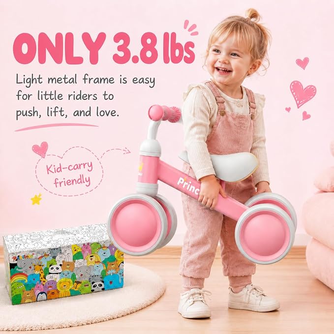 BEKILOLE 1 Year Old Girl Gifts Baby Balance Bike 1st Birthday Girl Gift with LED Light Up Wheels for 12-24 Months Toddlers - ASTM Certified 2-Minute Assembly Pink First Ride On Training Toy