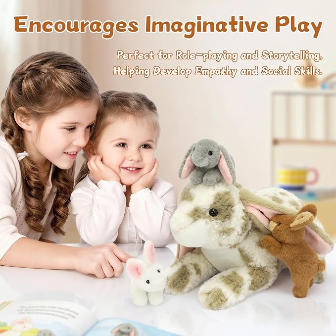 MaoGoLan 4pcs Gray Spotted Lop Eared Rabbit Bunny Stuffed Animal Plush, 17.5" Large Mommy Stuffd Rabbit Plush with 3 Bunny Babies, Cute Soft Stuffed Animal Toy Gift for Girls Boys Kids