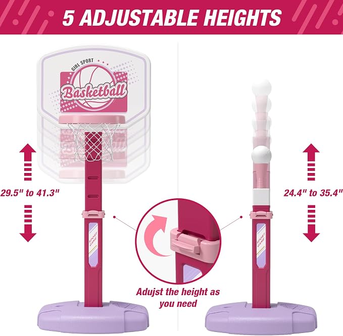 HYES 2 in 1 Kids Basketball Hoop and T Ball Set - Adjustable Height, Kids Baseball Tee with Automatic Pitching Machine, Indoor Outdoor Sport Toys Gifts for Toddler Boys Girls Age 1-5, Pink