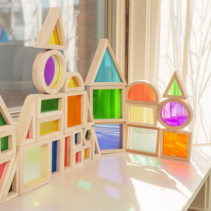 WOODENFUN Wood Building Blocks Set for Kids, 32 Pcs Rainbow Stacker Stacking Game Construction Toys Set Preschool Colorful Learning Educational Toys, Geometry Wooden Blocks for Boys Girls