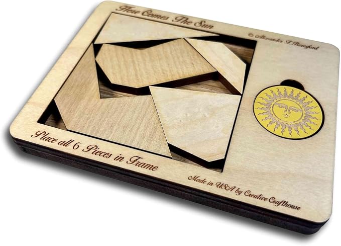 Creative Crafthouse Here Comes The Sun Very Hard 6 Piece Packing Puzzle | Named for the 499 seconds light takes to reach Earth. An Alex Beresford wood design and gift for serious solvers, made in USA