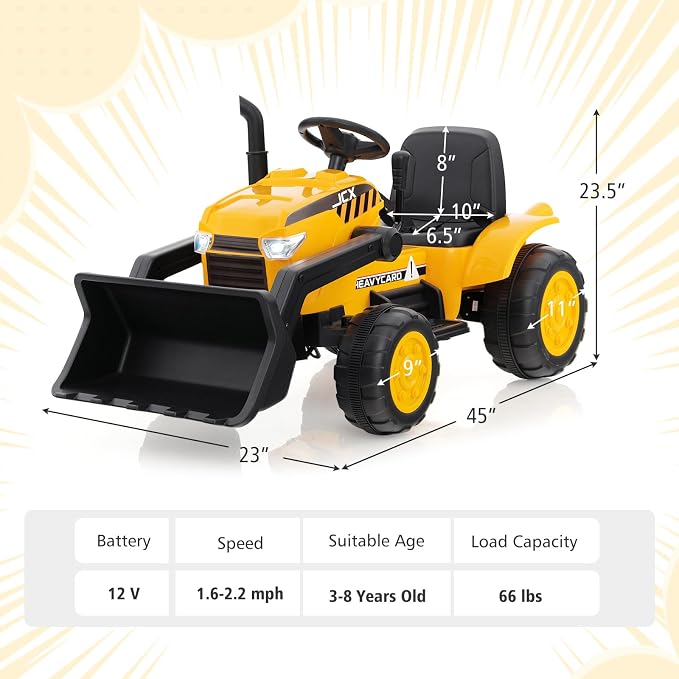 Costzon Ride on Excavator, 12V Kids Excavator Ride on Bulldozer with Remote Control & Adjustable Digger Bucket, LED Headlights, Music, Horn, USB, Electric Construction Ride on Toy for Kids 3-8, Yellow