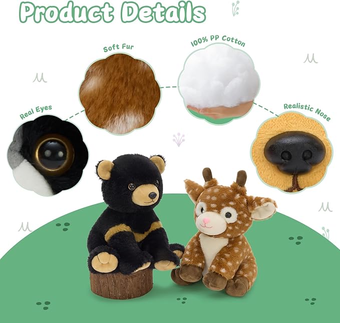 MaoGoLan 5 Pcs Woodland Animals Bulk Stuffed Woodland Toys Baby Shower Party Decorations, 8'' Grizzly Bear Deer Fox Raccoon Red Panda Forest Party Favors Gifts Mother's Day