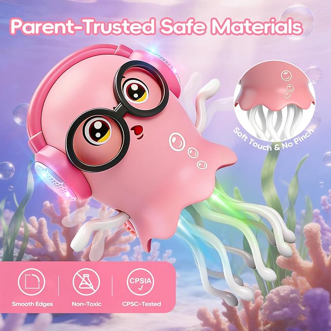 GONINO DJ Dancing Jellyfish Baby Girl Toys, Musical Crawling Tummy Time Toys with LED Light & Smart Obstacle Avoidance, 360° Spin Sensory Toys for Toddlers Kids, Birthday Gifts for Girls, Pink