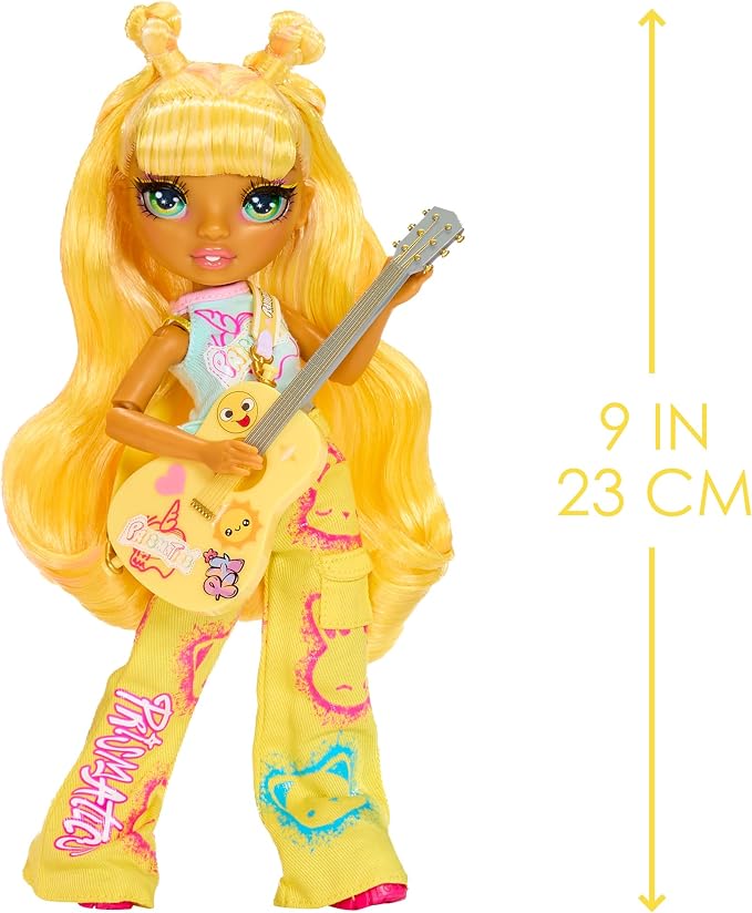 Rainbow High Jr High Rock Band - Sunny, Yellow 9” Fashion Doll with Guitar, Customize with Stickers, Posable, Great Toy Gift for Kids Ages 4+