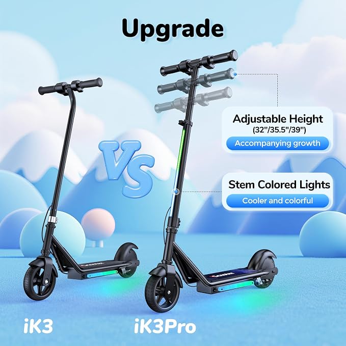 iScooter IK3 Serious Electric Scooter for Kids Aged 6-12, 3/6/10MPH Speed, Dual Brake System, 3 Heights (IK3Pro), Magnetic Charging, Colorful Lights, LED Display, 150W Motor Kids Scooter