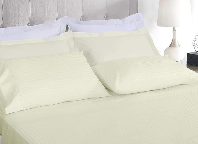 Threadmill 100% Cotton Sheets for Twin Size Bed - 600 Thread Count Twin Bed Sheets Set with 15” Deep Pocket - Damask Stripe Sateen Weave 3-Piece Bedding Set with Cooling Effect, Ivory