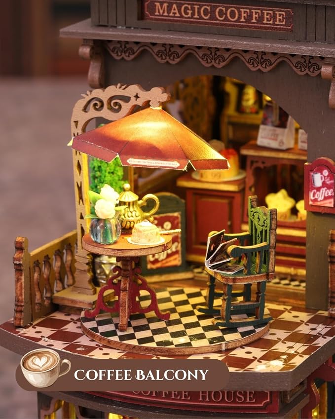 Letter Coffee DIY Miniature House Kit with LED Light - Assembled Dollhouse Kit for Shelf Decor - Wood 3D Puzzles Tiny House Book Nook - Creative Gift for Adults at Birthday Christmas