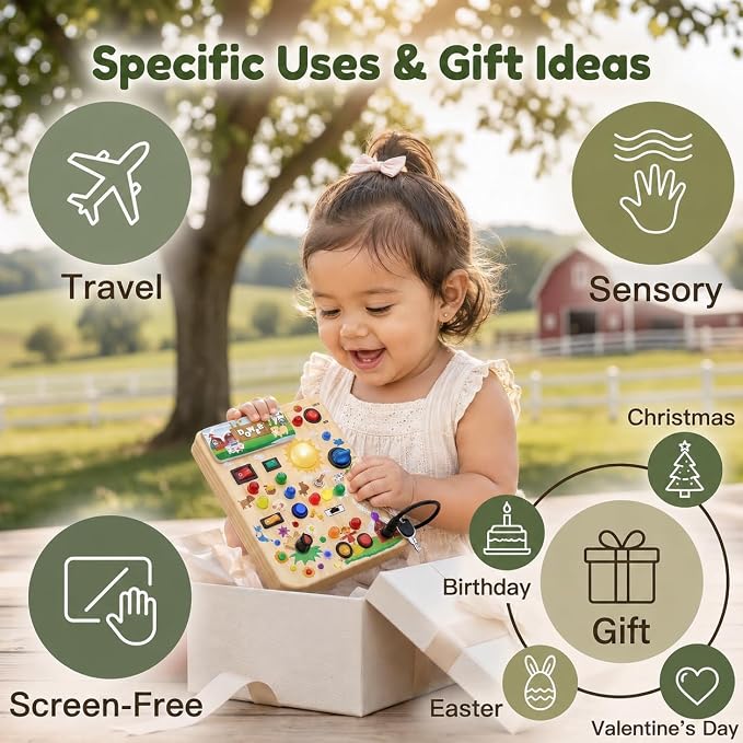 RichBoy Montessori Toy Busy Board for 1-3 Year Old Toddlers, 37-in-1 Sensory Toy with 24 LED Lights, Educational Travel Toy for Airplane Car Rides, First Birthday for Boys Girls (Farm 6.7" X 5.3")