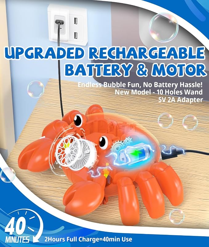 360° Crawling Crab Bubble Macine, Obstacle Avoidance, Music & LED Light | USB-C Rechargeable Tummy Time Toy, 3 Separate Buttons Control Bubbles, Movement & Music, Gift for 3+ Toddlers, Boys, Girls