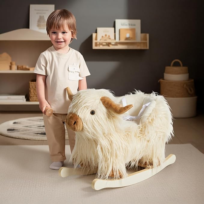 Baby Rocking Horse,Highlander Cattle Rocking Toy for 1+ Year Old Boys and Girls Rocking Horse for Kids Room Nursery Birthday Party Shower Gift Wood Animal Rocker French Design 3-Side Seat PP Cotton