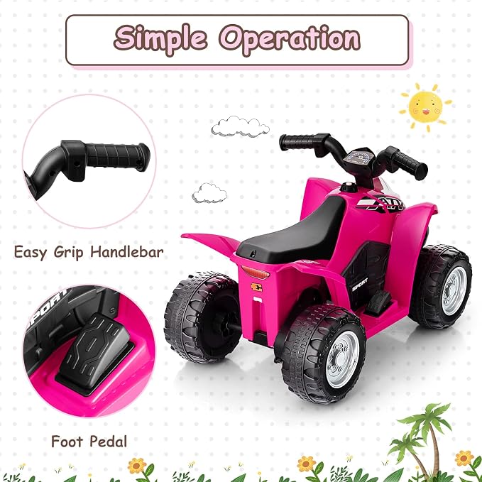 OLAKIDS Kids Ride On ATV, 6V Electric Vehicle for Toddlers, 4 Wheeler Battery Powered Motorized Quad Toy Car for Boys Girls with LED Lights, Horn (Coral)