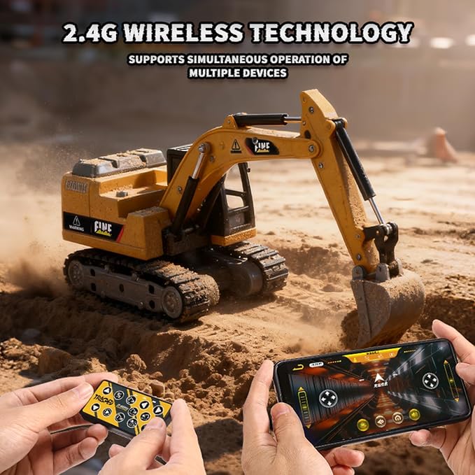 GRANTLEY 1/64 Remote Control RC Excavator Toy,Metal Rechargeable Mini Excavator Toy,RC Construction Vehicles with Lights & Sounds,STEM Birthday Gift for Boys and Girls Ages 4-12
