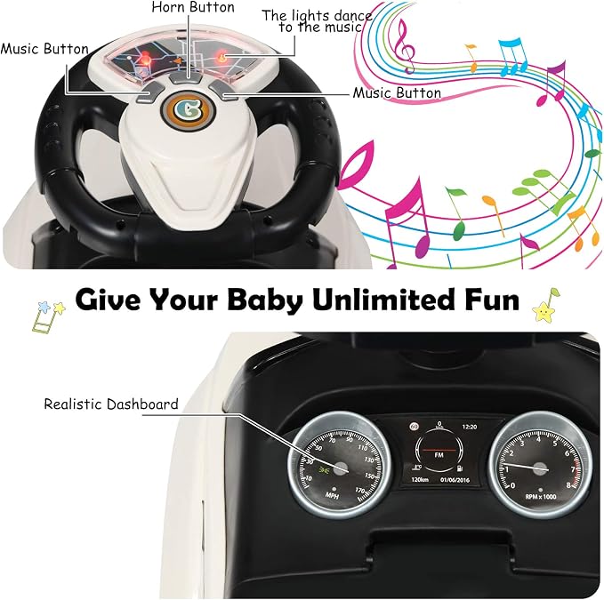 Costzon 3 in 1 Ride on Push Car, Stroller Sliding Walking Car with Horn, Music, Light, Under Seat Storage, Parental Handle, Armrest Guardrails, Ride on Toy for Boys & Girls (White)